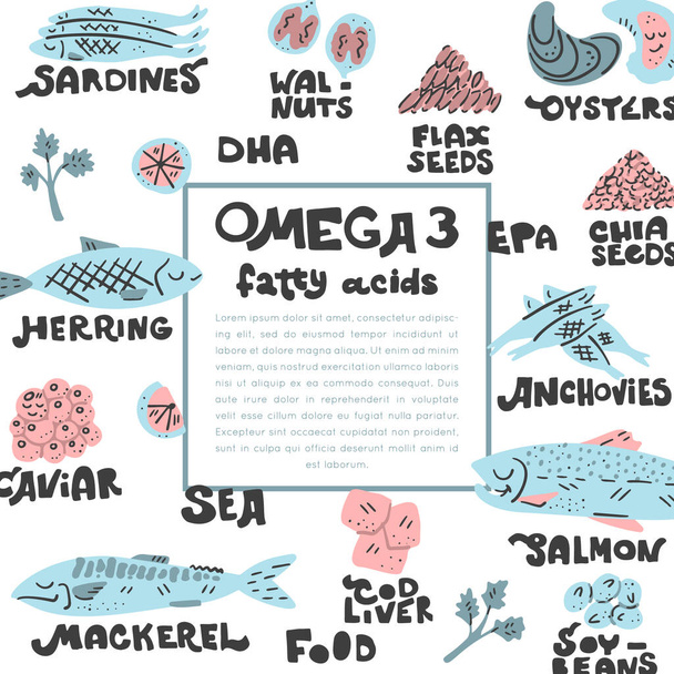 Tärkeimmät Omega 3 rasvahappoja lähteet neliön runko. Käsin piirrettyjä vektorikuvakkeita. Kuvioitu piirros tasaisella doodle-tyylillä, värikäs muotoilu - Vektori, kuva