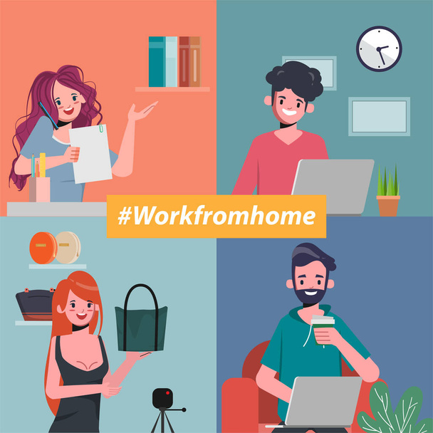 People employee work from home and conference. - Vector, Image