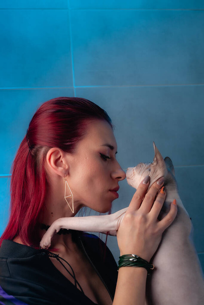 Retrato de una chica con una mascota. Chica y sin pelo sphynx gato
. - Foto, imagen
