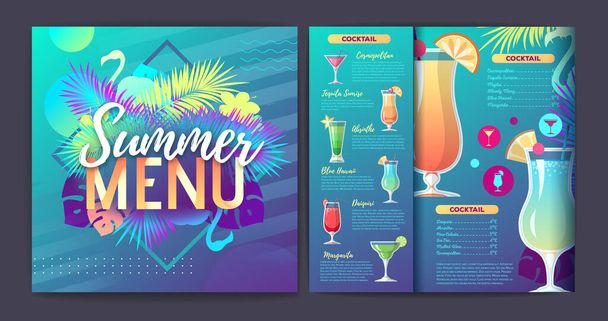 Restaurant summer tropical gradient cocktail menu design with fluorescent tropic leaves and flamingo. - ベクター画像