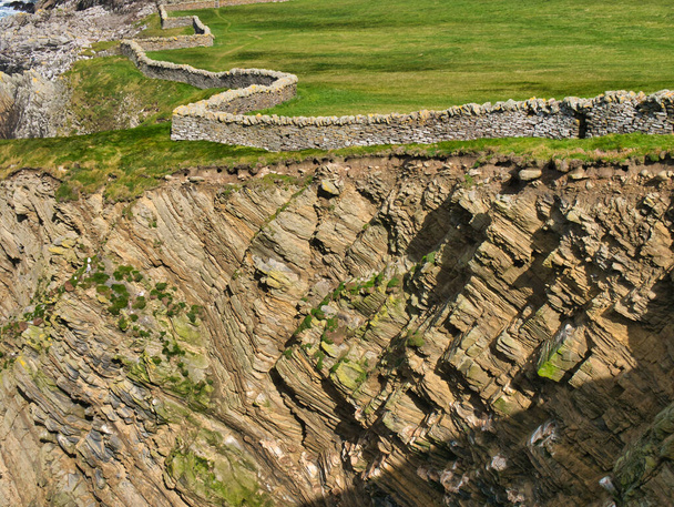 Falésias na costa sul de Shetland perto de Sumburgh Head - o alicerce é a Formação Flagstone de Bressay - arenito e rochas argilosas que estão interligadas. As bases sedimentares formaram-se há cerca de 359 a 393 milhões de anos no Devoniano.
 - Foto, Imagem