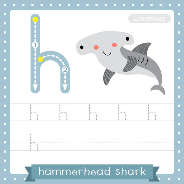 Letter H lowercase cute children colorful zoo and animals ABC alphabet tracing practice worksheet of Happy Hammerhead Shark for kids learning English vocabulary and handwriting vector illustration. - Vektori, kuva