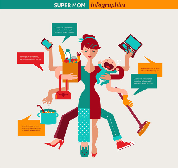 Супер мама - иллюстрация многозадачной матери
 - Вектор,изображение