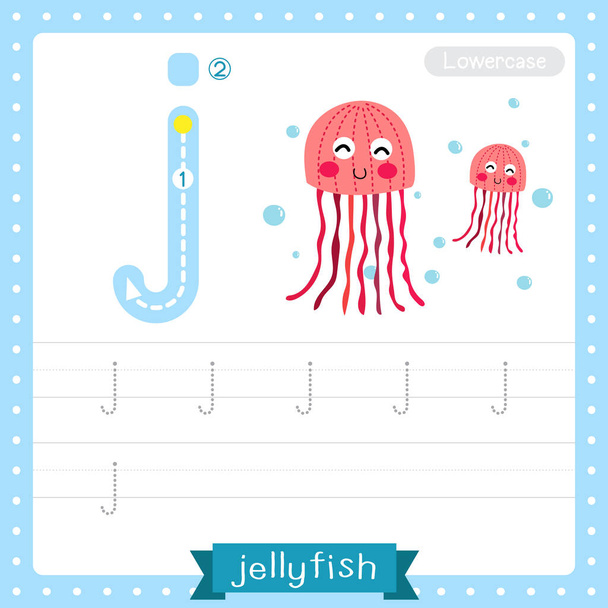 Letter J lowercase cute children colorful zoo and animals ABC alphabet tracing practice worksheet of pink Jellyfish for kids learning English vocabulary and handwriting vector illustration. - Wektor, obraz