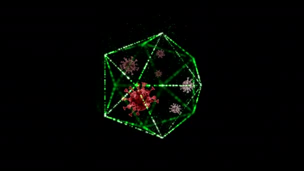 Wetenschappers onderzoeken virussen opgesloten in lage poly vorm over donkere achtergrond. - Video