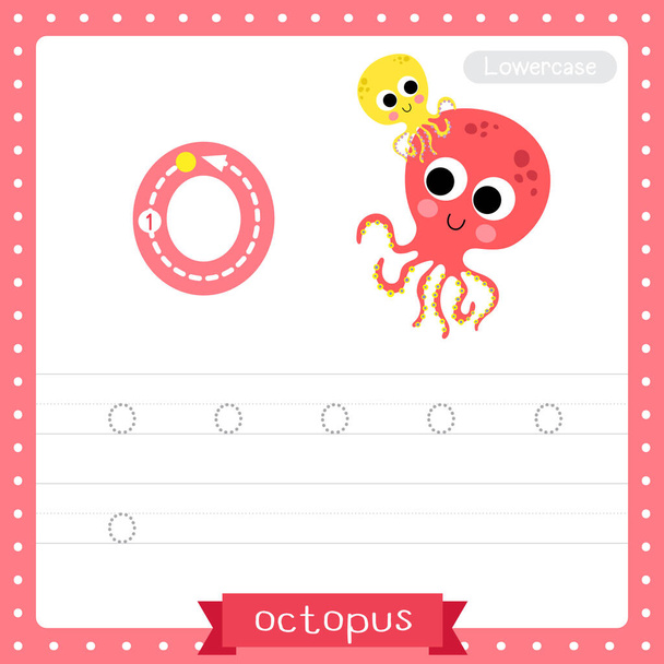 Letter O lowercase cute children colorful zoo and animals ABC alphabet tracing practice worksheet of Octopus for kids learning English vocabulary and handwriting vector illustration. - Вектор,изображение