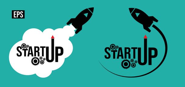 Start up business Vektor illusztráció tipográfia, betűszó, start up logó, szimbólum ikon illusztráció izzó, rakéta, elszigetelt sárga háttér - Vektor, kép