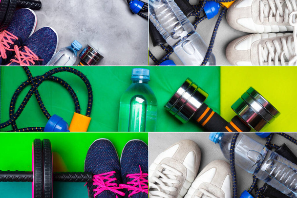 collage de equipamiento deportivo femenino y accesorios para el deporte fitness en el gimnasio - Foto, imagen