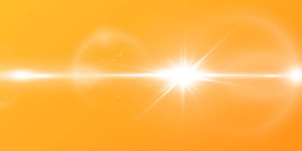 Lámpara resplandeciente abstracta con sol radiante en un fondo amarillo y anaranjado. Un sol cálido lleno de rayos naturales de luz. Ilustración vectorial aislada. - Vector, imagen