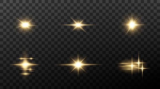 Estrelas douradas brilhantes isoladas sobre fundo preto. Efeitos, chama da lente, brilho, explosão, luz dourada, conjunto. Estrelas brilhantes, belos raios dourados. Ilustração vetorial. - Vetor, Imagem