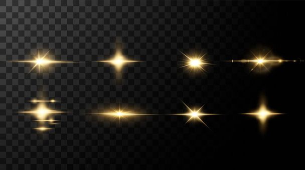 Λαμπερά χρυσά αστέρια απομονωμένα σε μαύρο φόντο. Εφέ, φωτοβολίδα φακού, λάμψη, έκρηξη, χρυσό φως, σετ. Λαμπερά αστέρια, όμορφες χρυσές ακτίνες. Εικονογράφηση διανύσματος. - Διάνυσμα, εικόνα