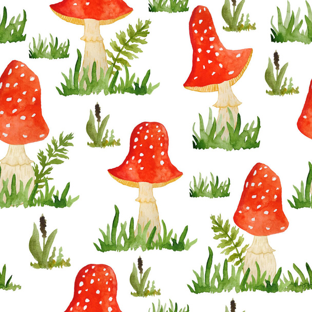 Watercolor hand drawn seamless pattern illustration of amanita muscaria mushrooms with red caps in forest wood woodland green grass and funny cartoon leaves. Children textile wallpaper. Nature - Photo, Image