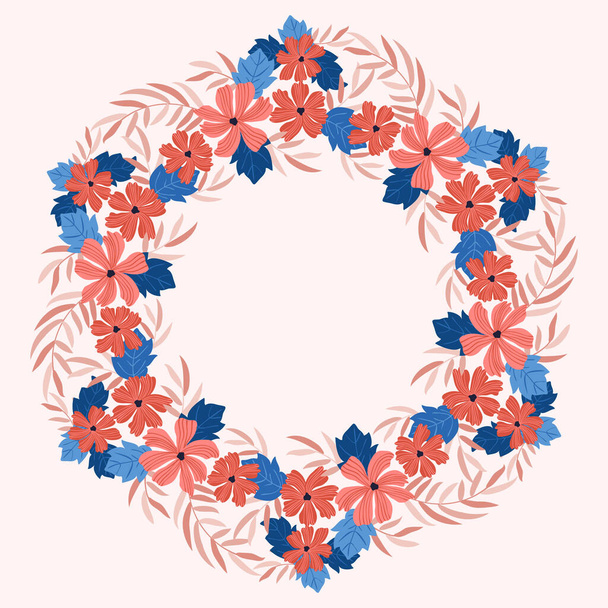 Floral round frame from cute folk flowers. Vector greeting card template. Design artwork for the poster, tee shirt, pillow, home decor. Summer wild flowers wreath. - Vektori, kuva