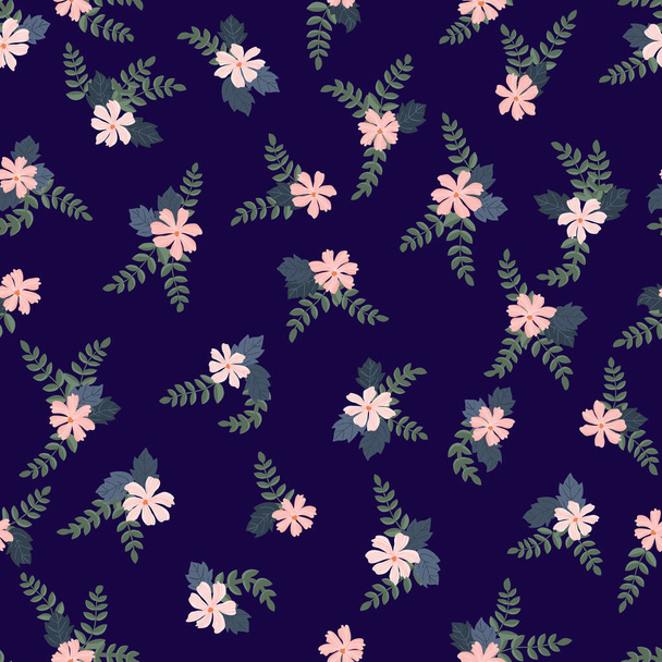 Seamless floral pattern with simple small flowers. Folk style millefleurs. Plant background for textile, wallpaper, covers, surface, print, wrap, scrapbooking, decoupage. - Vector, imagen