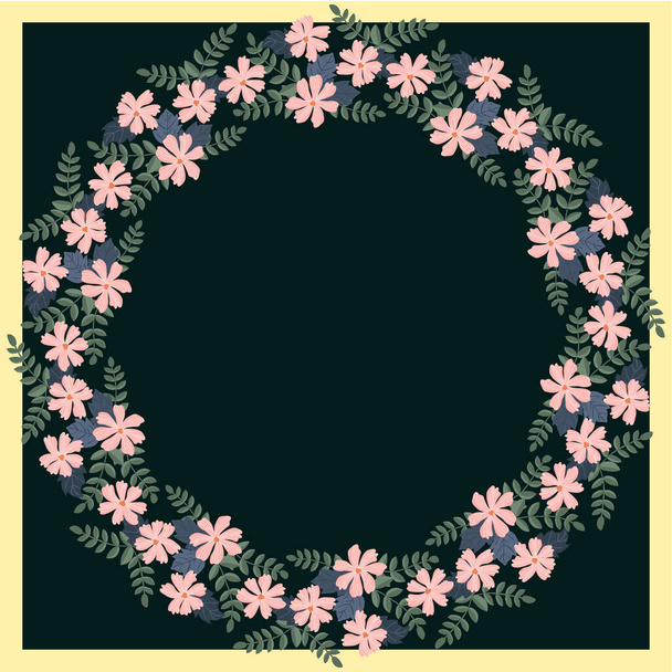 Floral round frame from cute folk flowers. Vector greeting card template. Design artwork for the poster, tee shirt, pillow, home decor. Summer wild flowers wreath. - Vektör, Görsel