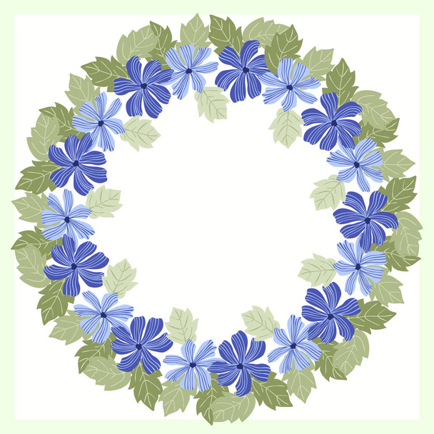 Floral round frame from cute folk flowers. Vector greeting card template. Design artwork for the poster, tee shirt, pillow, home decor. Summer wild flowers wreath. - Вектор,изображение