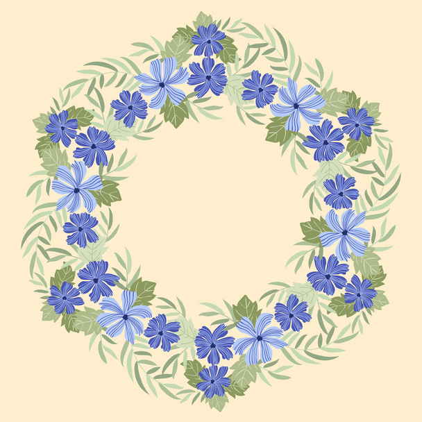 Floral round frame from cute folk flowers. Vector greeting card template. Design artwork for the poster, tee shirt, pillow, home decor. Summer wild flowers wreath. - Vector, imagen