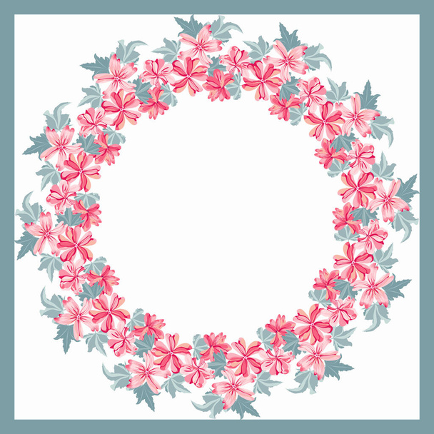 Wreath from wild charming flowers of mallow. Greeting card, invitation template. Design artwork for the poster, invitation, calendars. Place for text. - Vecteur, image