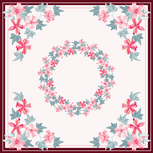Wreath from wild charming flowers of mallow. Greeting card, invitation template. Design artwork for the poster, invitation, calendars. Place for text. - ベクター画像
