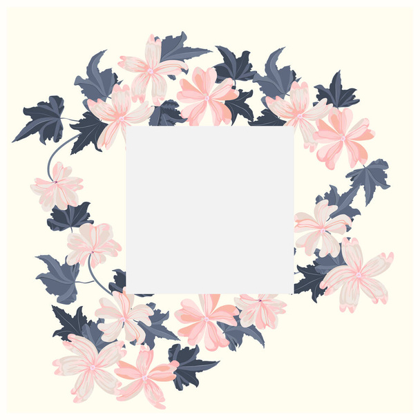  Frame from wild charming flowers of mallow. Greeting card, invitation template. Design artwork for the poster, invitation, calendars. Place for text. - Διάνυσμα, εικόνα