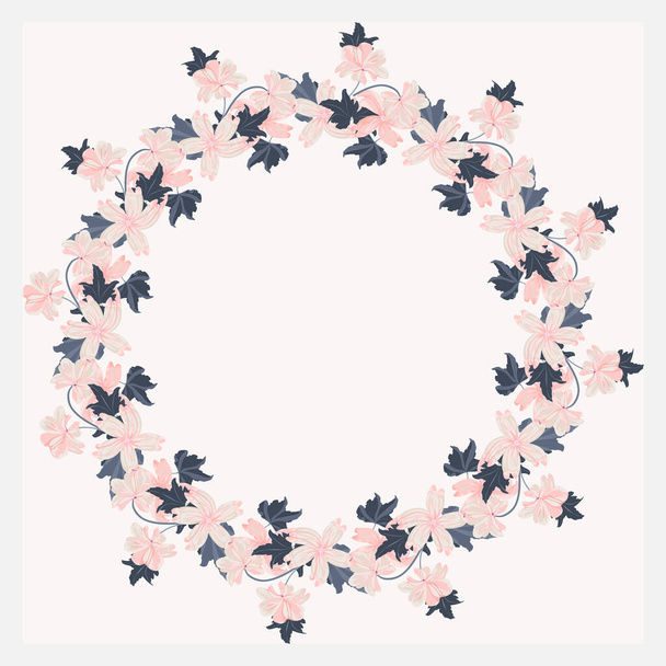 Wreath from wild charming flowers of mallow. Greeting card, invitation template. Design artwork for the poster, invitation, calendars. Place for text. - Διάνυσμα, εικόνα