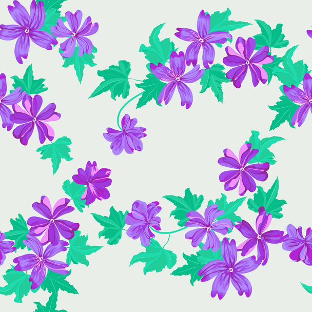  Simple cute pattern in small purple beauteous flowers of mallow. Liberty style. Floral seamless background for textile or book covers, manufacturing, wallpapers, print, gift wrap and scrapbooking. - Vector, Imagen