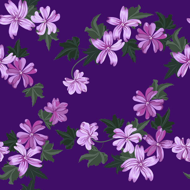  Simple cute pattern in small purple beauteous flowers of mallow. Liberty style. Floral seamless background for textile or book covers, manufacturing, wallpapers, print, gift wrap and scrapbooking. - Vector, imagen