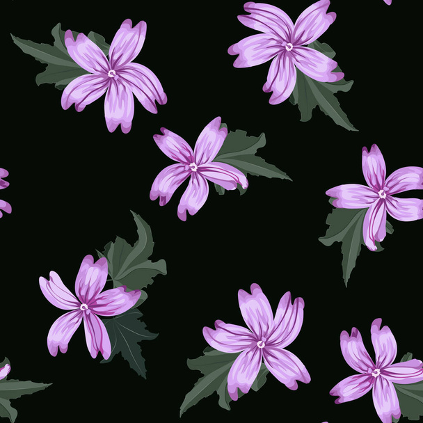  Jednoduchý roztomilý vzor v malých fialových krásných květů sladu. Styl svobody. Květinové bezešvé pozadí pro textilní nebo knižní potahy, výrobu, tapety, potisk, dárkový obal a scrapbooking. - Vektor, obrázek