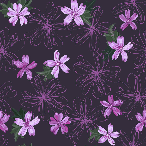  Simple cute pattern in small purple beauteous flowers of mallow. Liberty style. Floral seamless background for textile or book covers, manufacturing, wallpapers, print, gift wrap and scrapbooking. - Vetor, Imagem