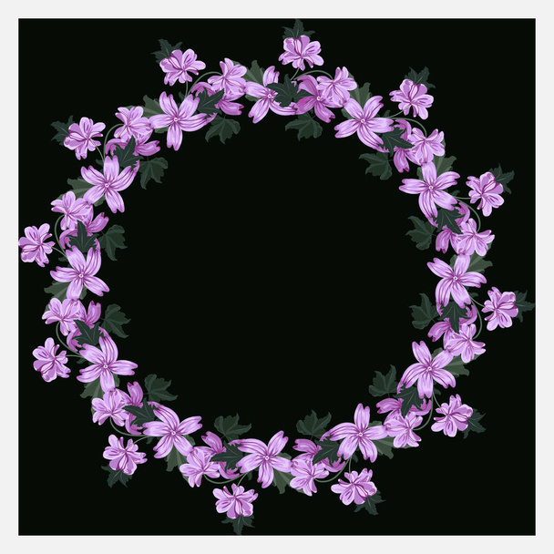 Wreath from wild charming flowers of mallow. Greeting card, invitation template. Design artwork for the poster, invitation, calendars. Place for text. - Vetor, Imagem