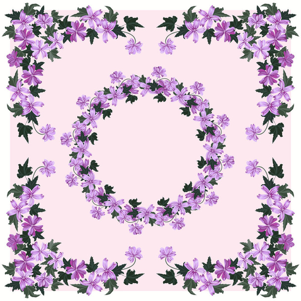 Wreath from wild charming flowers of mallow. Greeting card, invitation template. Design artwork for the poster, invitation, calendars. Place for text. - Vector, Imagen