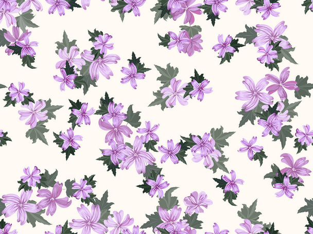  Simple cute pattern in small purple beauteous flowers of mallow. Liberty style. Floral seamless background for textile or book covers, manufacturing, wallpapers, print, gift wrap and scrapbooking. - Vektör, Görsel