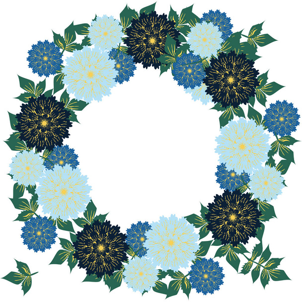 Floral round frame from bright dahlias. For fabric, cloth design, wallpaper. Greeting card template. Design artwork for the poster, tee shirt, pillow, home decor. - ベクター画像