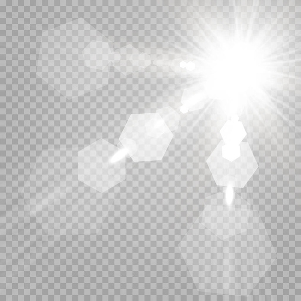 Abstrato luz solar transparente efeito de luz de erupção de lente especial.Desfoque vetorial em brilho de movimento. Fundo transparente isolado. Elemento de decoração. Raios de explosão estelar horizontais e holofotes. - Vetor, Imagem