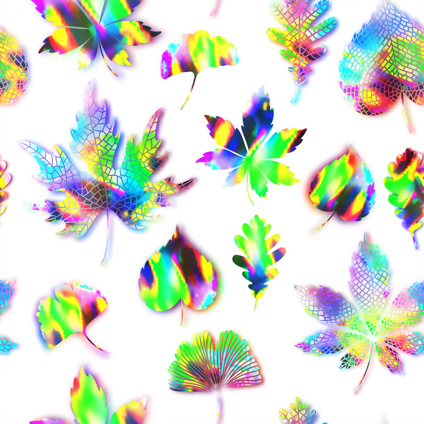 Motif feuille texture transparente papier peint répéter belle conception lumineuse vibrant gradient gras couleurs holographiques vectoriel art surréalisme - Vecteur, image