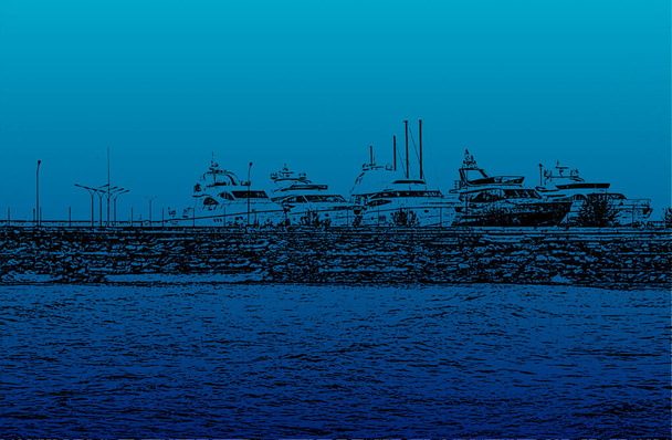 Порт с парусниками и яхтами, пришвартованными в порту. Морской пейзаж. - Вектор,изображение