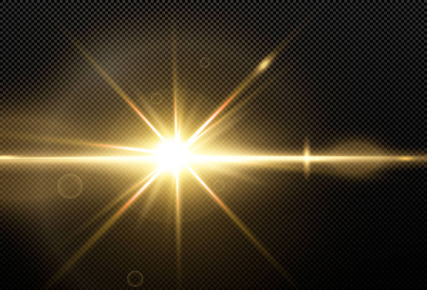 Λαμπερά χρυσά αστέρια απομονωμένα σε μαύρο φόντο. Εφέ, φωτοβολίδα φακού, λάμψη, έκρηξη, χρυσό φως, σετ. Λαμπερά αστέρια, όμορφες χρυσές ακτίνες. Εικονογράφηση διανύσματος. - Διάνυσμα, εικόνα
