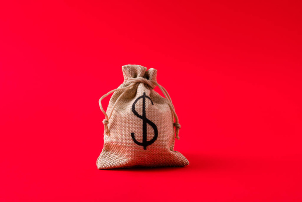 Close-up view of moneybag finance management interest rate pay payment lottery win bank deposit jackpot isolated over bright vivid shine vibrant red color background - Фото, зображення