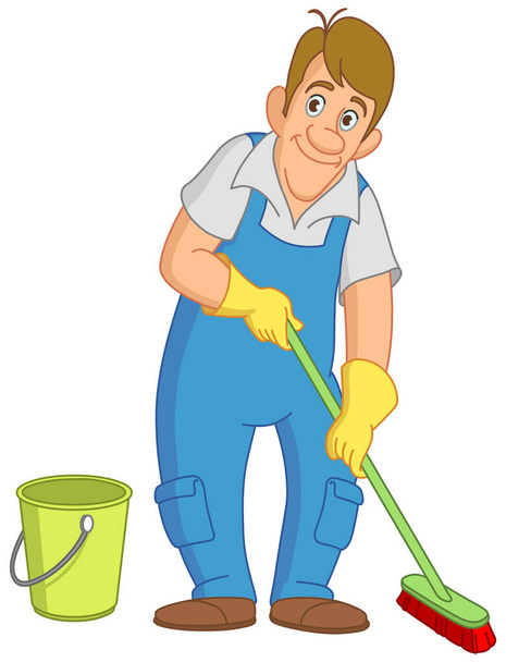 Homem mais limpo com vassoura e balde
 - Vetor, Imagem