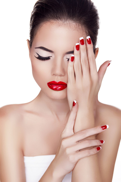 Fashion Beauty Girl. Red lips. Make up. Manicured nails. Attract - Фото, зображення