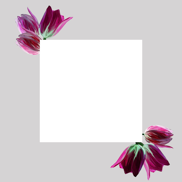 母の日はチューリップの花とグリーティングカード。国際女性デー3月8日。白とグレーの背景に現実的な美しい開花ピンクのチューリップとグリーティングカードテンプレート - 写真・画像