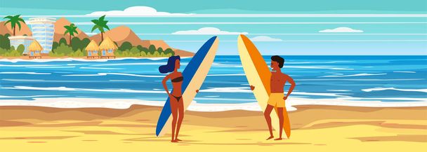 Summer beach surfers characters woman and man with surfboards on sea ocean coast, palms sand surf. Beautiful tropical landscape seascape banner holiday vacation. Vector isolated cartoon styl - Vector, Image
