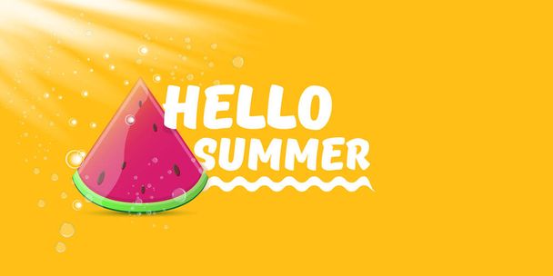 Vector Hello Summer Beach Party horizontal banner Design template with fresh watermelon slice isolated on orange background. Hello summer concept label or poster with fruit and typographic text. - ベクター画像