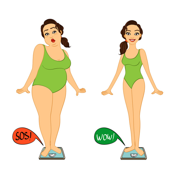 Fat and slim woman on weights scales - Vector, Image