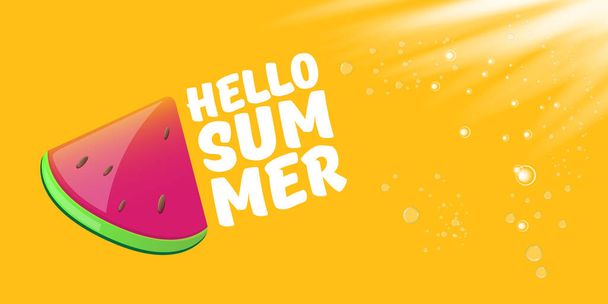 Vector Hello Summer Beach Party horizontal banner Design template with fresh watermelon slice isolated on orange background. Hello summer concept label or poster with fruit and typographic text. - Vektori, kuva