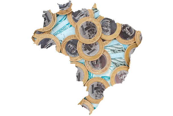 Brésil carte avec 1 pièces réelles et 100 billets de banque Reais - Photo, image