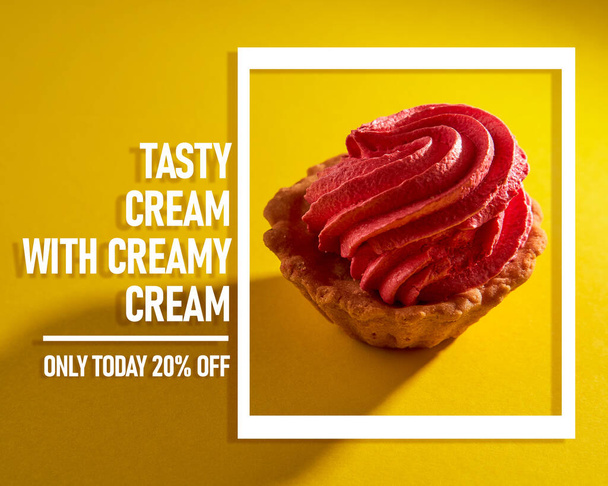 basket with red cream on a yellow background. Design layout. High quality photo - Photo, image