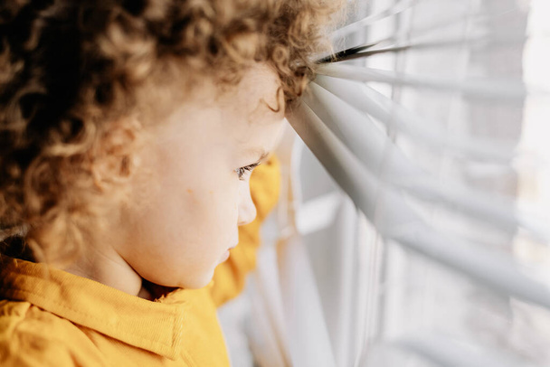 The child opens the blinds with his hands and looks out the window outside - Foto, Imagen