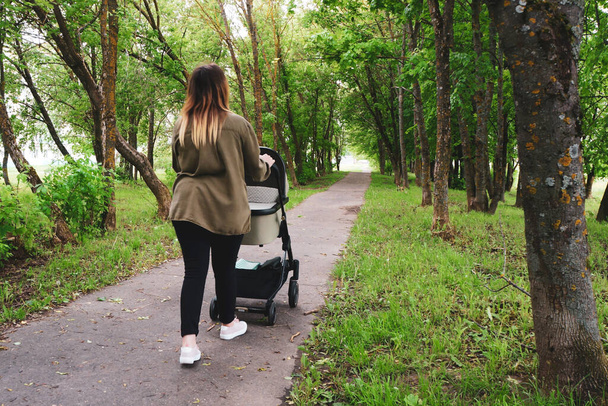 beautiful young mother walks with a stroller - Photo, Image