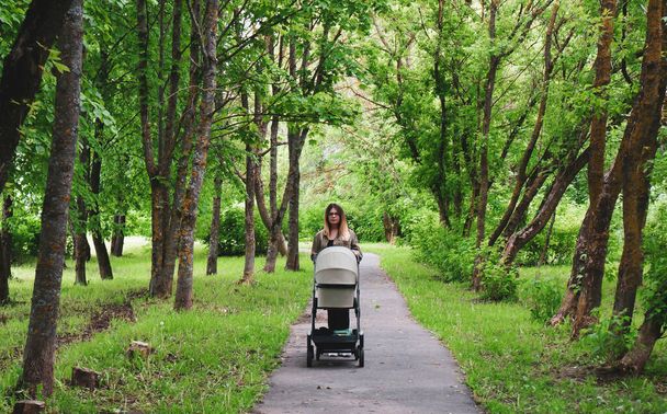 bela jovem mãe caminha com um carrinho
 - Foto, Imagem